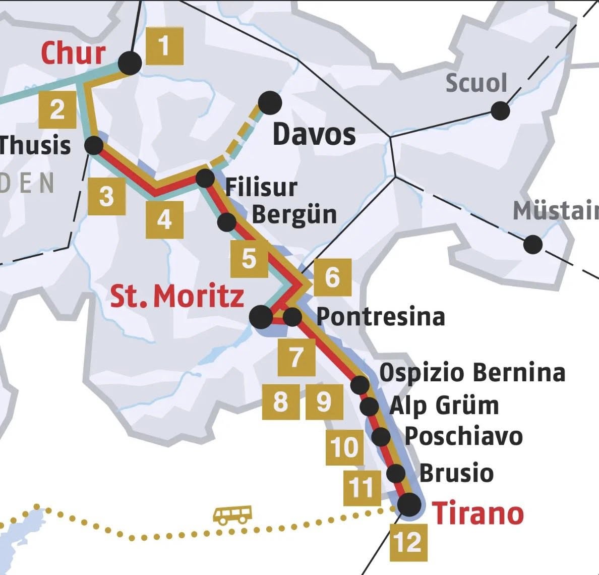 Bernina Express route map showing the line from Chur and St. Moritz south to Tirano, with all major stops numbered