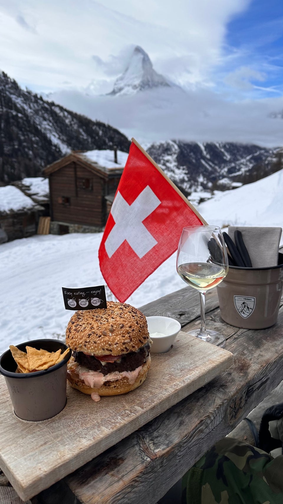 Chez Vrony mountain restaurant terrace in Findeln, Zermatt