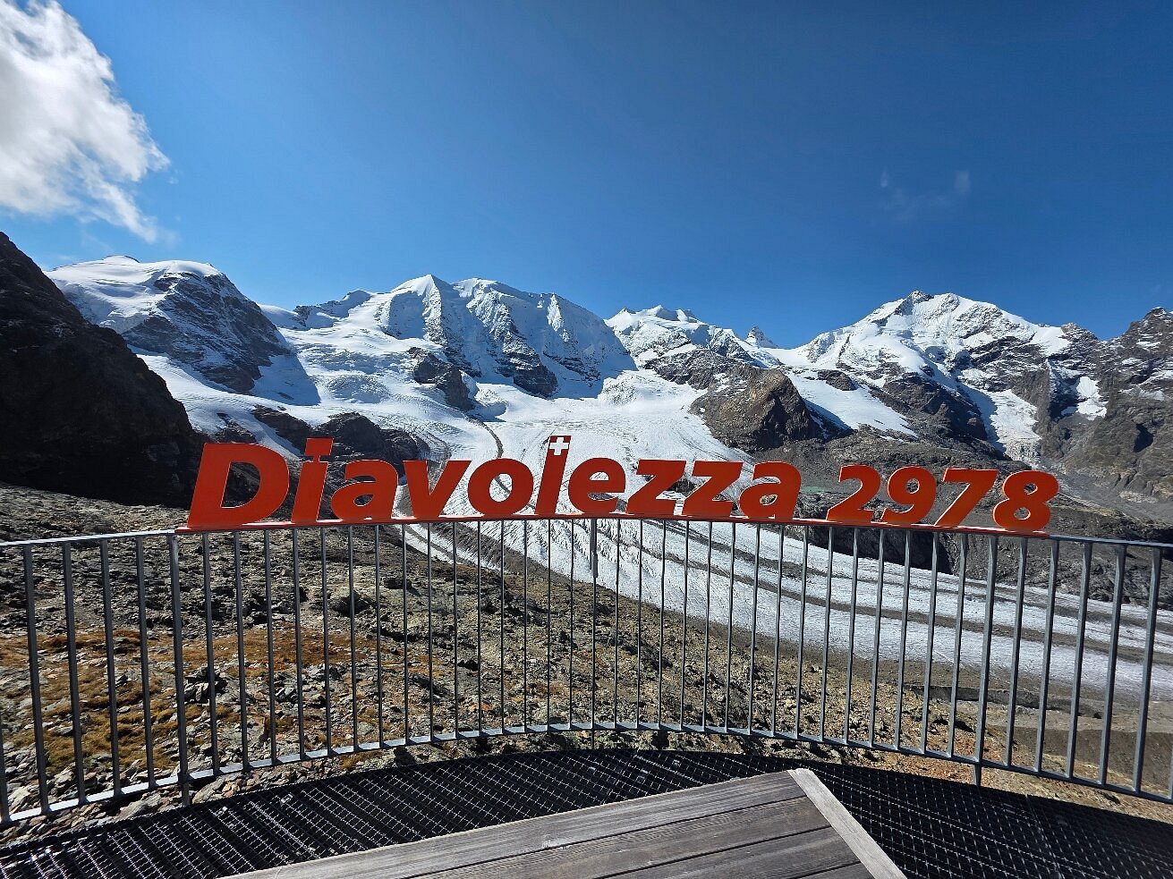 Panoramic view from Diavolezza at 2,978m over the Morteratsch Glacier and Bernina massif