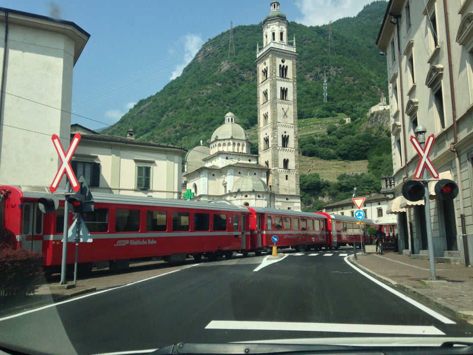 Bernina Express passing the Santuario della Madonna di Tirano