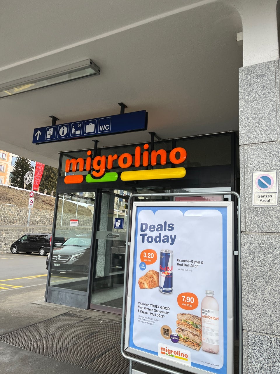 Migrolino convenience store at a Swiss train station — open Sundays and late evenings