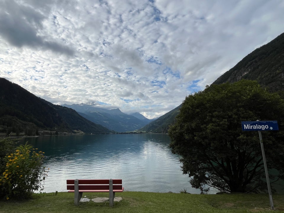 Lake Poschiavo (Lago di Poschiavo) viewed from Miralago in the Valposchiavo, Italian-speaking Switzerland