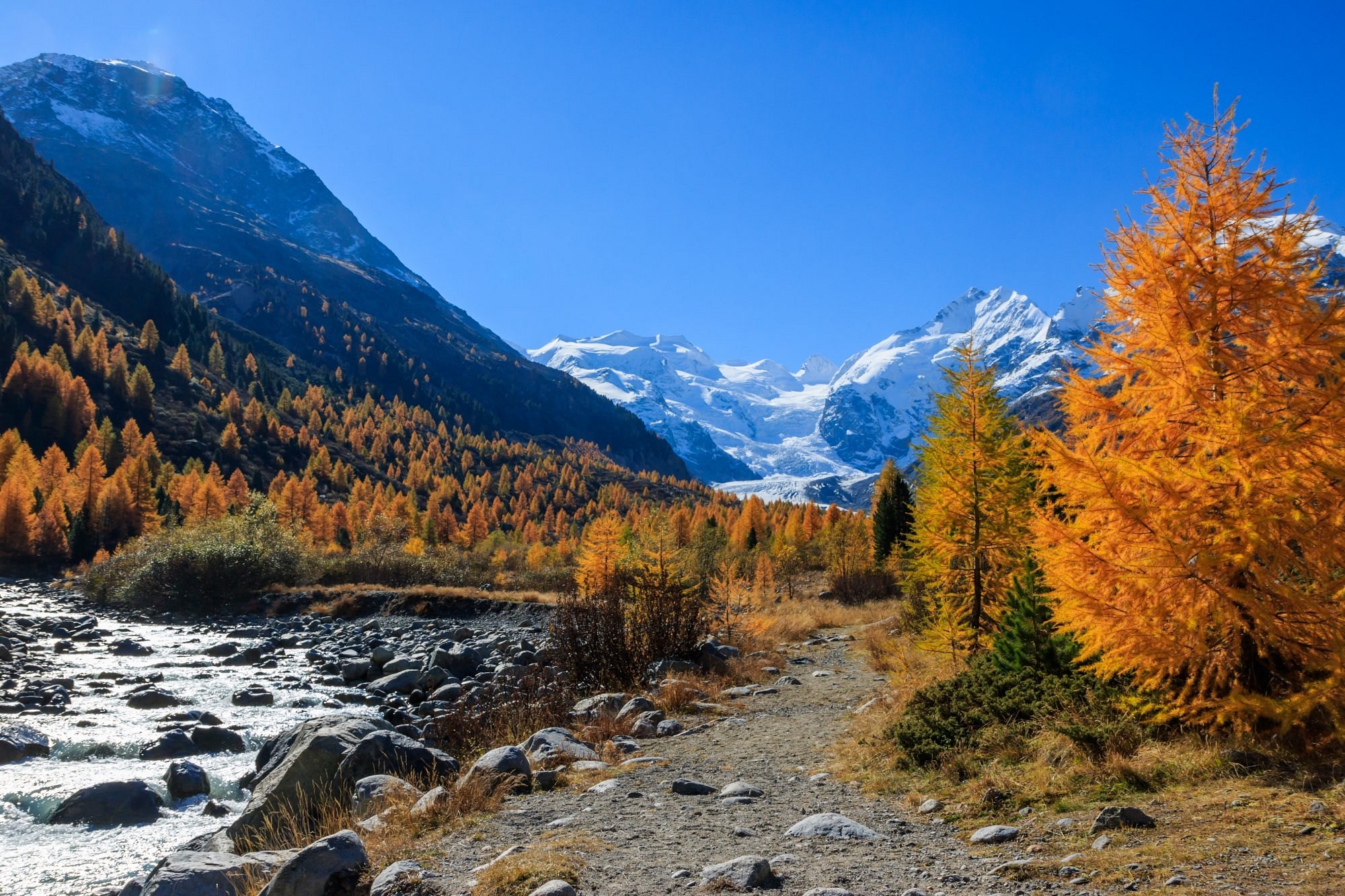 Morteratsch Glacier in the Bernina valley, with the peaks of Piz Bernina and Piz Palü in the background