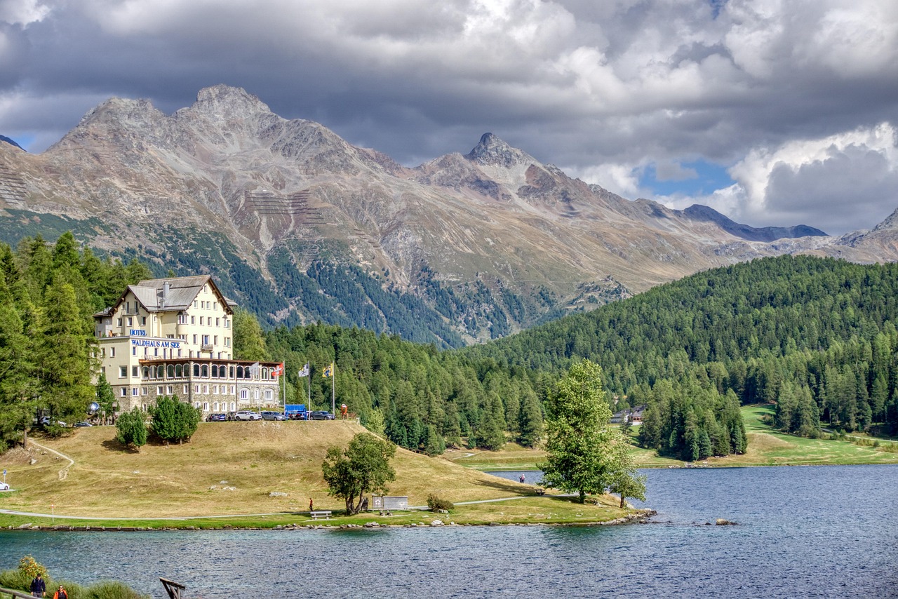 St. Moritz village and lake in the Engadine valley