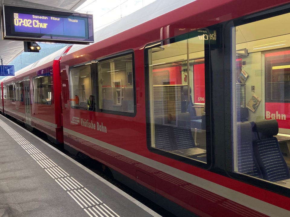 Bernina Express departing St. Moritz station
