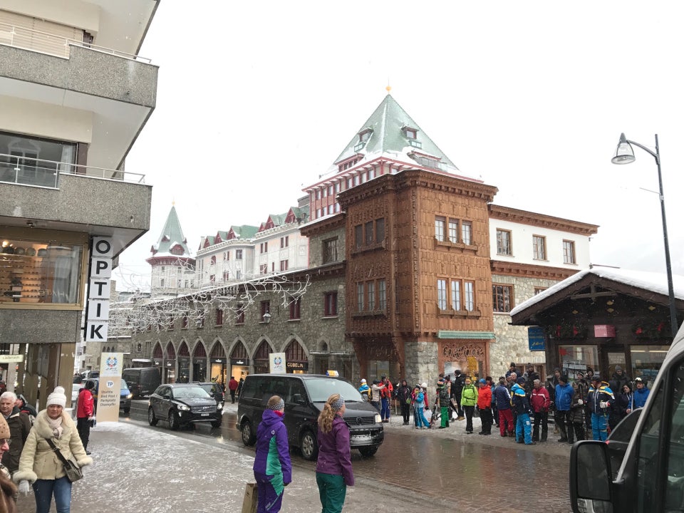 St. Moritz historic centre in winter — snow-covered buildings