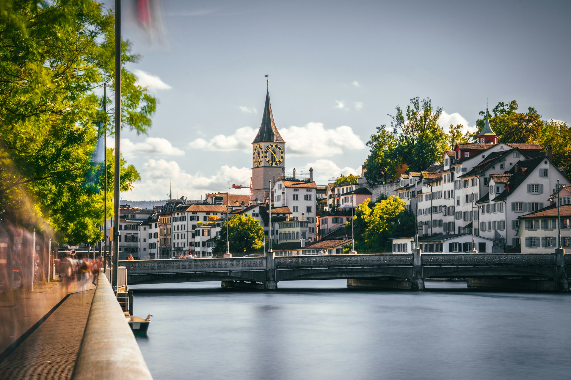 Old Town of Zurich with Watchtower and river Limmat