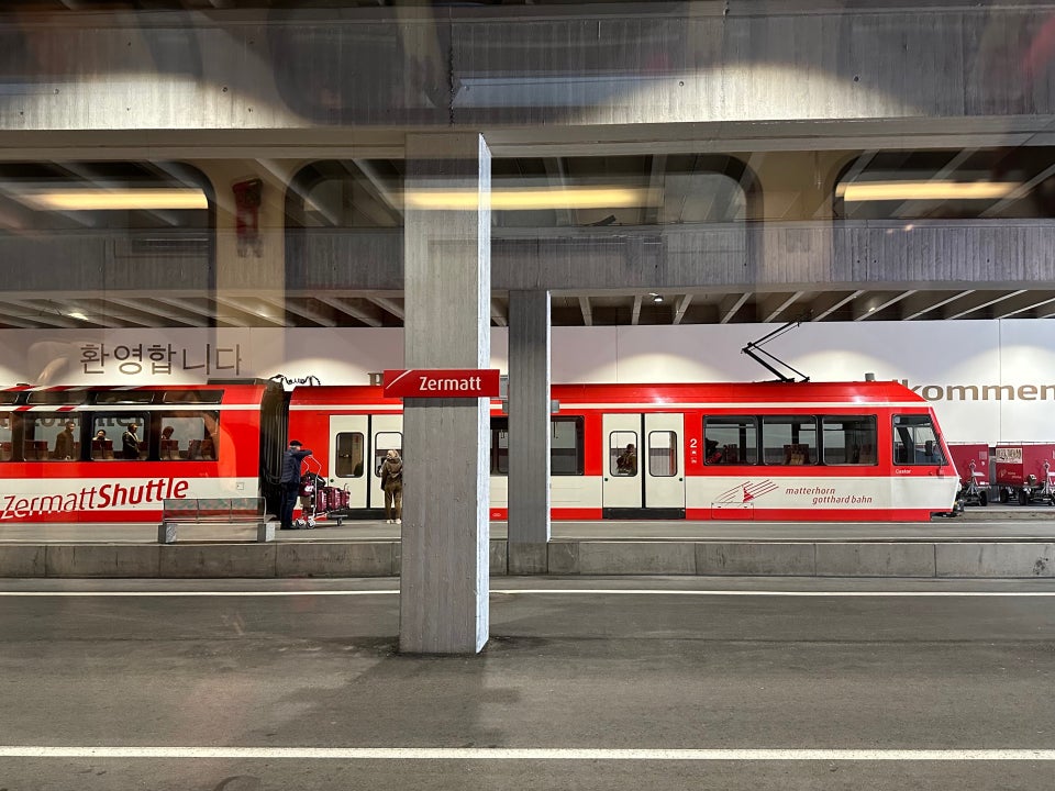 Zermatt train station — the only way to arrive in this car-free alpine village